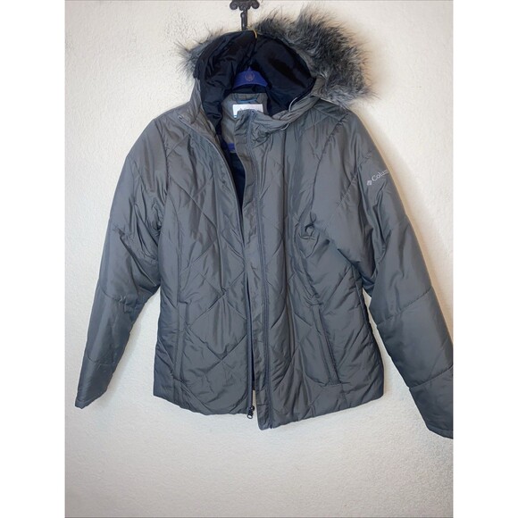 Columbia Puffer Women's Jacket M Gray Fur Hood Winter Apres Ski Packable - Picture 1 of 7